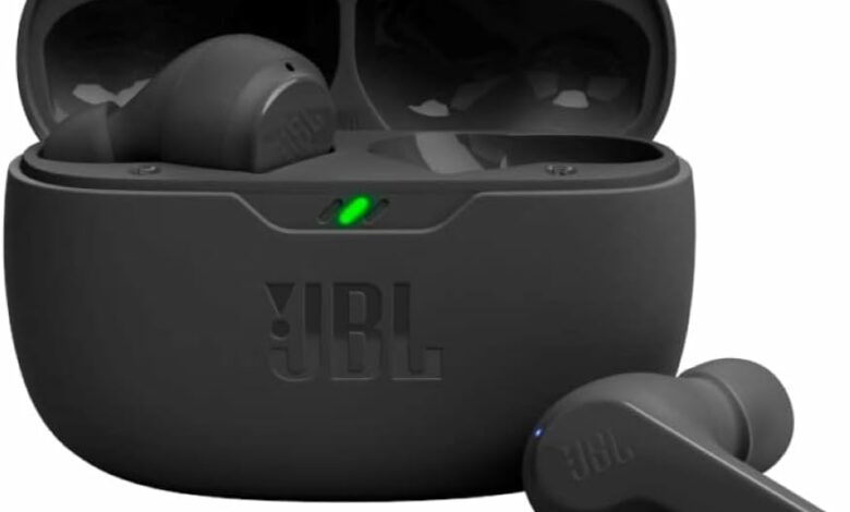 JBL Vibe Beam - True Wireless JBL Deep Bass Sound Earbuds, Bluetooth 5.2, Water & Dust Resistant, Hands-free call with VoiceAware, Up to 32 hours of battery life (Black)