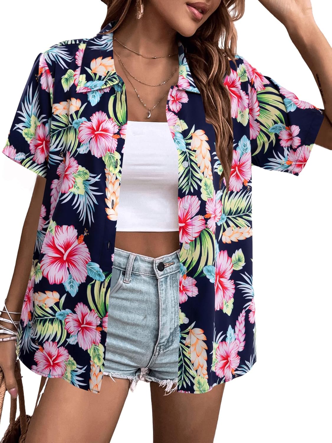 MYHALF Women Hawaiian Shirt Soft Cool Summer Hawaii Shirts Floral