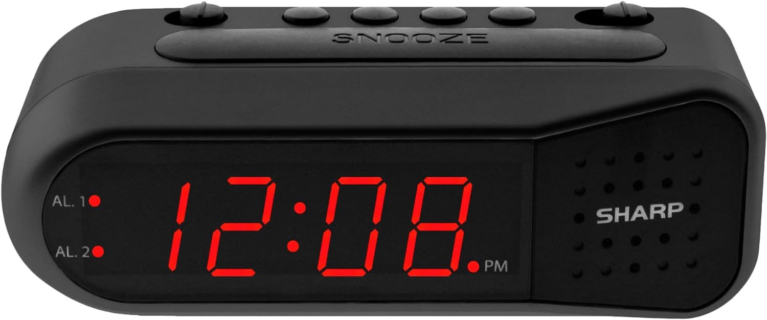 SHARP Digital Alarm Clock – Black Case with Red LEDs