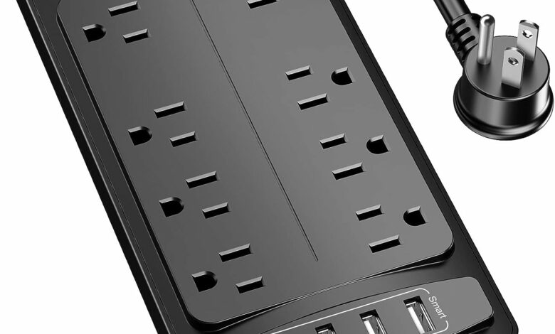 Surge Protector Power Strip - Nuetsa Flat Plug Extension Cord with 8 Outlets and 4 USB Ports, 6 Feet Power Cord (1625W/13A), 2700 Joules, ETL Listed, Black