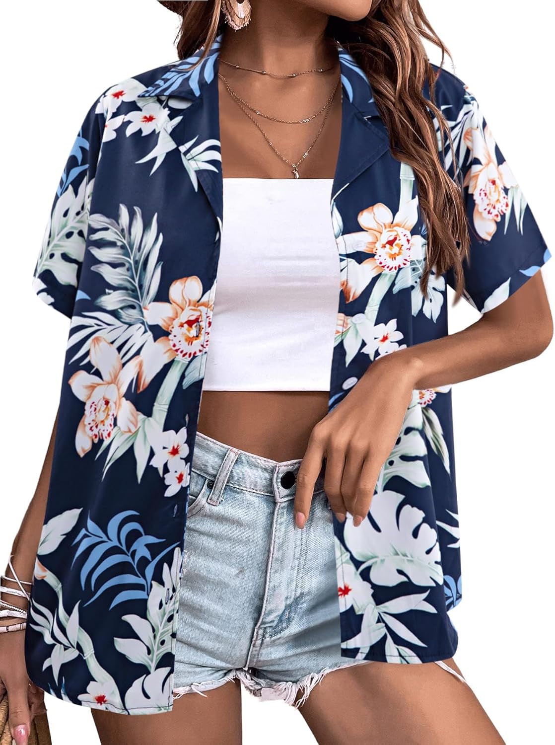 Women Hawaii Shirts Soft Cool Floral Tropic Print V Neck