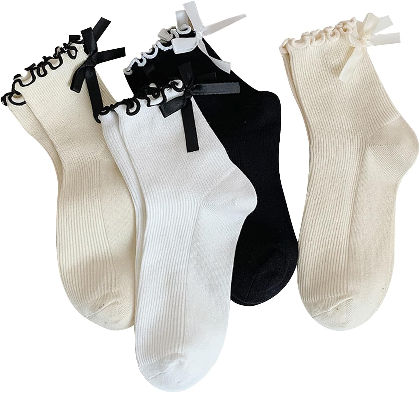 Womens Bow Socks Ruffle Casual Crew Black Whitte Soft Breathable