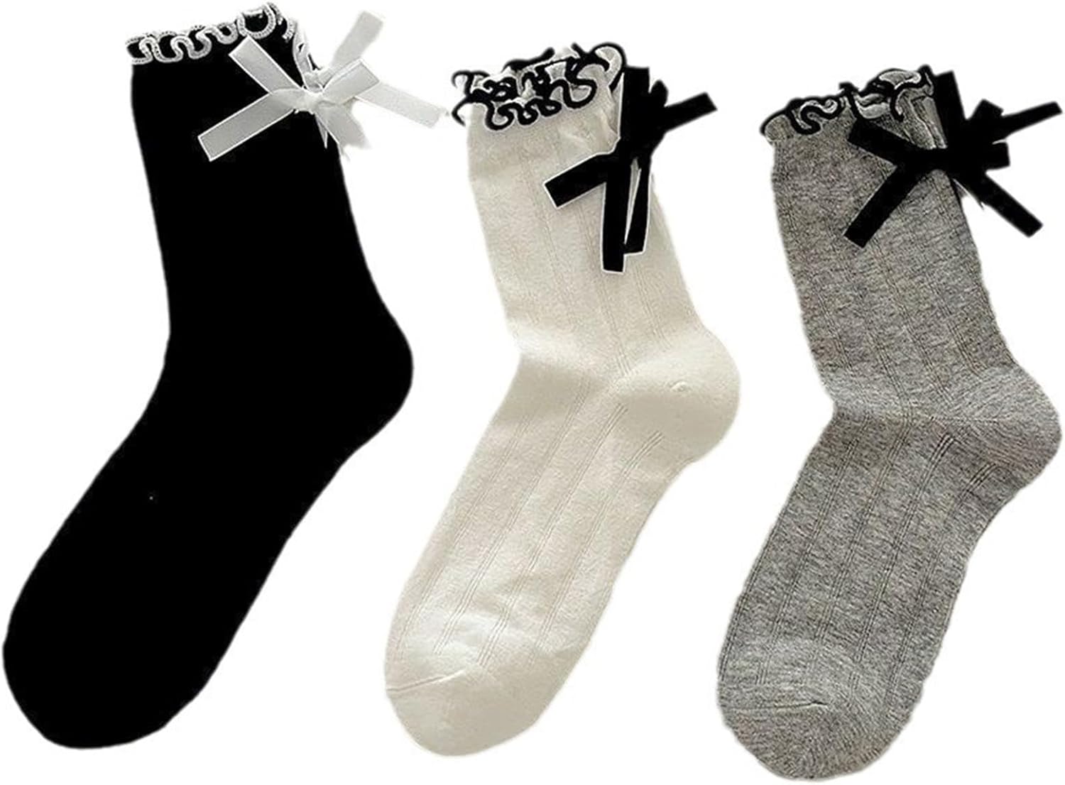 Womens Socks Bow socks Ruffle Casual Crew Black White Soft