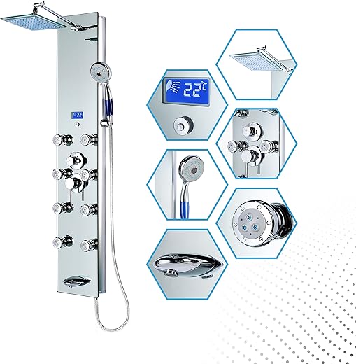 Blue Ocean 52" Aluminum SPA392M Shower Panel Column Tower with Rainfall Shower Head, 8 Multi-functional Nozzles