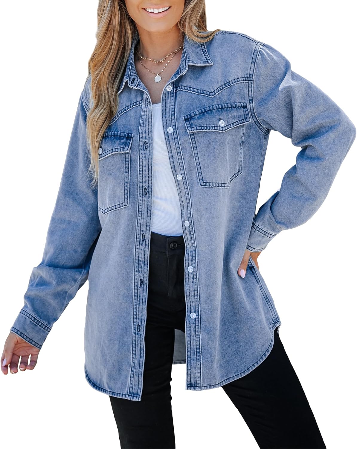 luvamia Long Denim Jacket for Women Lightweight Trendy Jean Button