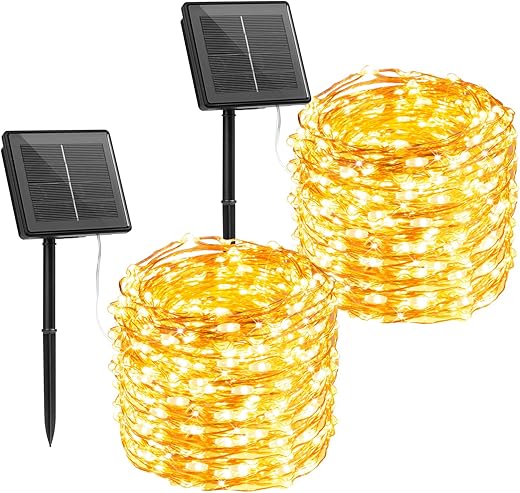 Brightown Outdoor Solar String Lights, 2 Pack 33Feet 100 Led Solar Powered Fairy Lights with 8 Modes Waterproof Decoration Copper Wire Lights for Patio Yard Trees Christmas Wedding Party (Warm White)